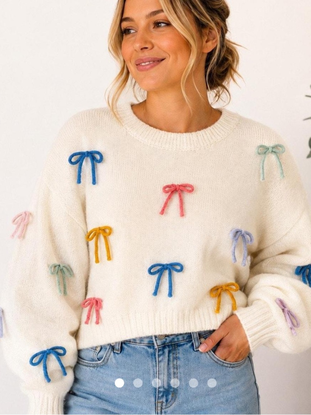 Miss Sparkling Cream Crewneck Sweater with Colorful Bow Appliques